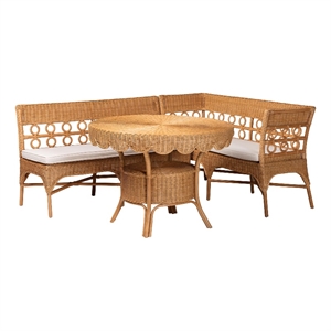 Pemberly Row Light Honey Rattan 3-Piece Dining Nook with Scalloped Table