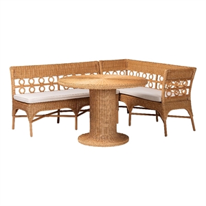 Pemberly Row Light Honey Rattan 3-Piece Dining Nook with Braided Trim