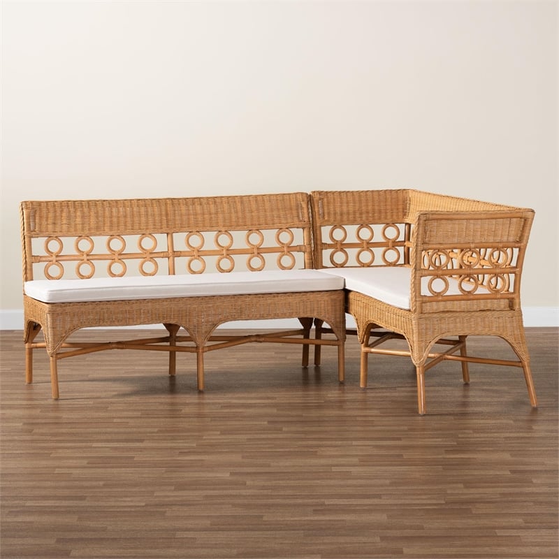 Pemberly Row Light Honey Rattan 2-Piece Avantgarde Dining Bench Set