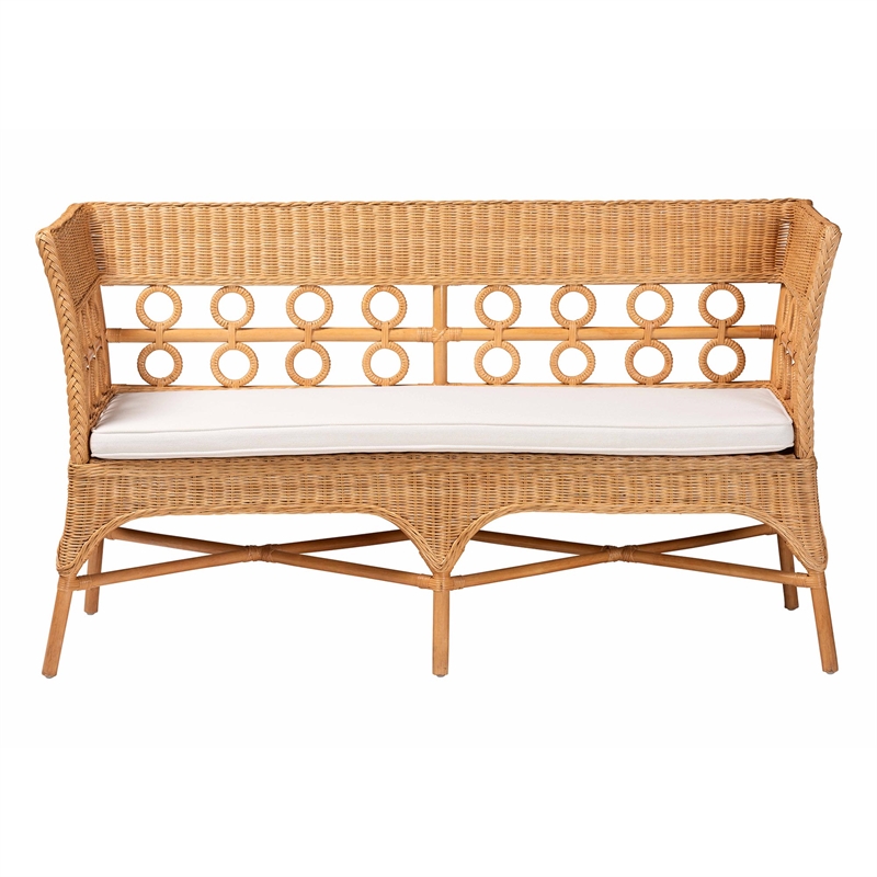 Pemberly Row Light Honey Rattan Dining Bench with Flared Armrests