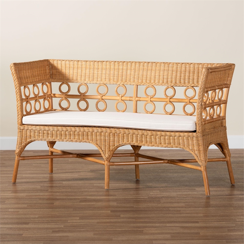 Pemberly Row Light Honey Rattan Dining Bench with Flared Armrests