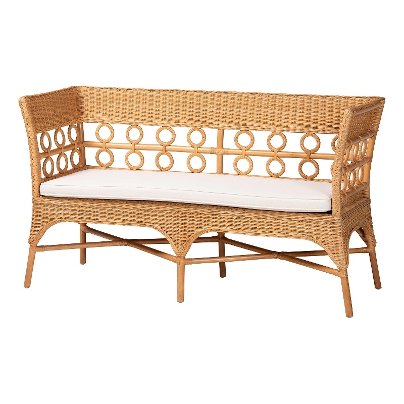 Pemberly Row Light Honey Rattan Dining Bench with Flared Armrests