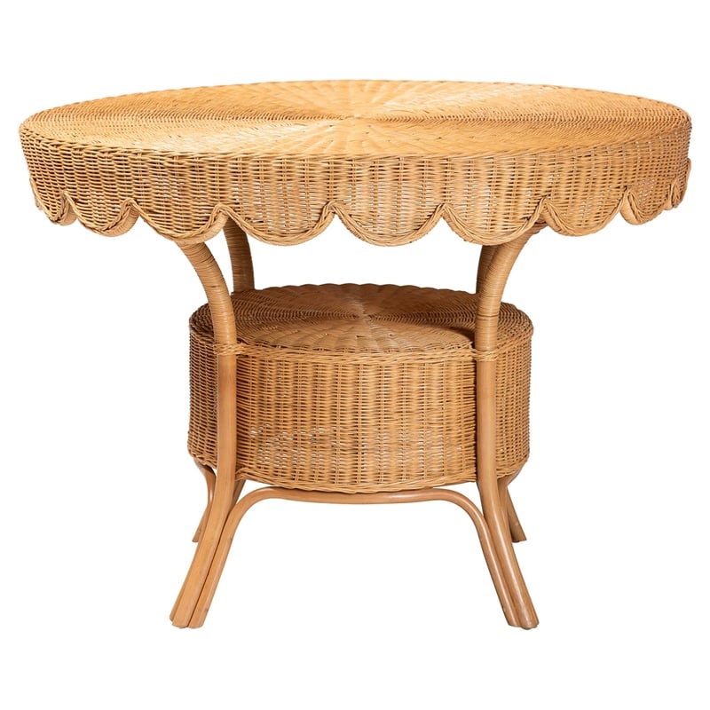 Pemberly Row Scalloped Light Honey Rattan Round Dining Table with Shelf