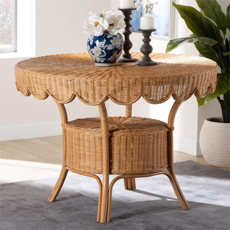 Pemberly Row Scalloped Light Honey Rattan Round Dining Table with Shelf