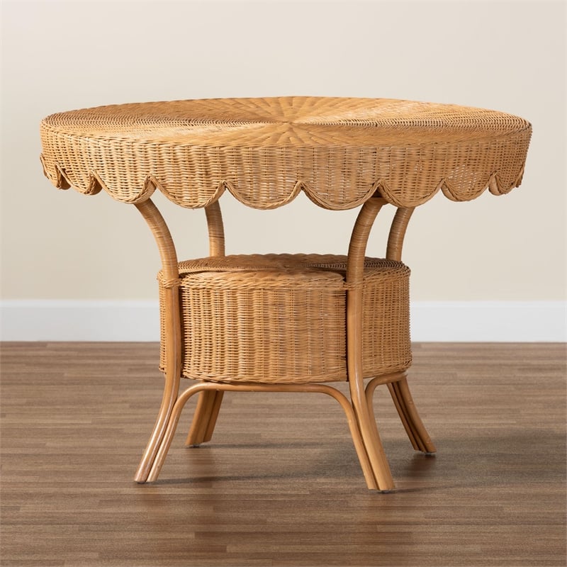 Pemberly Row Scalloped Light Honey Rattan Round Dining Table with Shelf