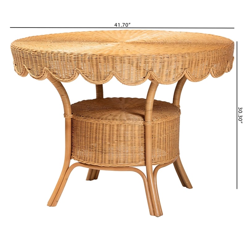 Pemberly Row Scalloped Light Honey Rattan Round Dining Table with Shelf
