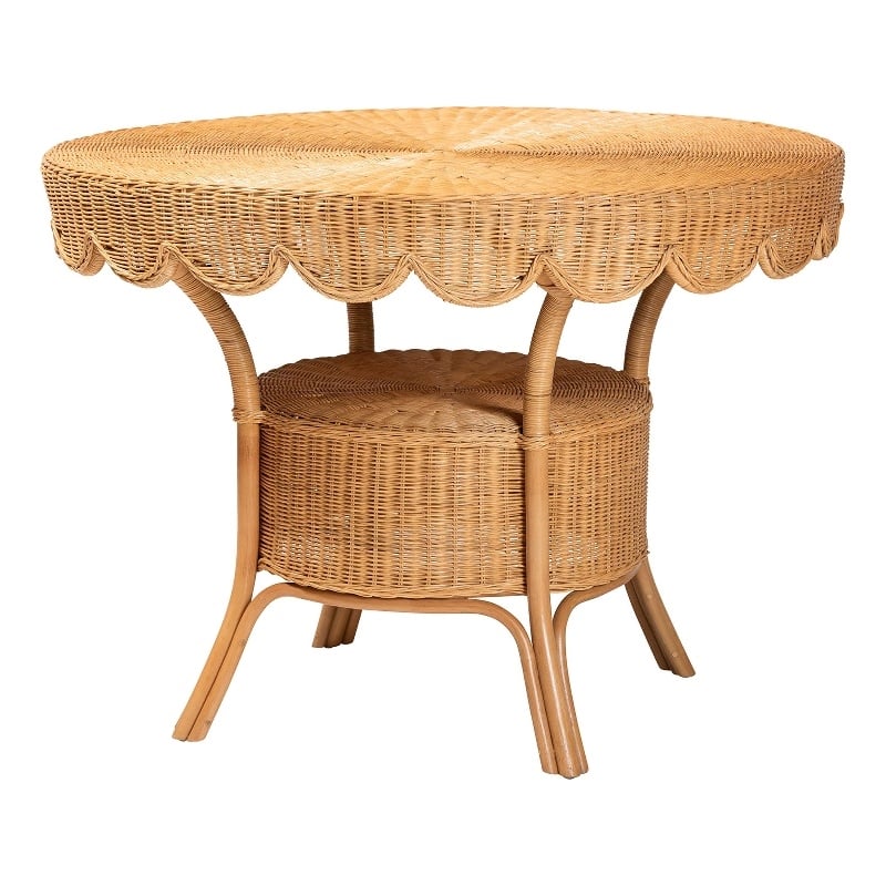 Pemberly Row Scalloped Light Honey Rattan Round Dining Table with Shelf