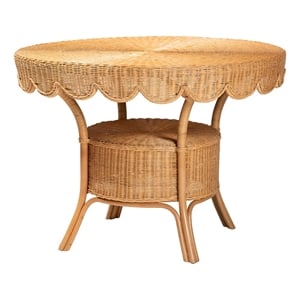 Pemberly Row Scalloped Light Honey Rattan Round Dining Table with Shelf