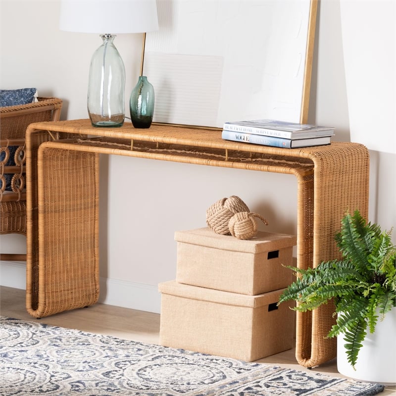 Pemberly Row Light Honey Rattan Openwork Console Table with Woven Exterior