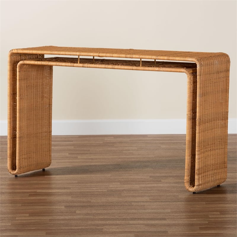 Pemberly Row Light Honey Rattan Openwork Console Table with Woven Exterior
