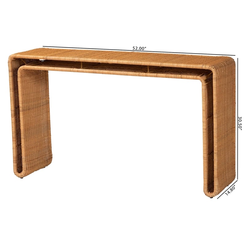 Pemberly Row Light Honey Rattan Openwork Console Table with Woven Exterior