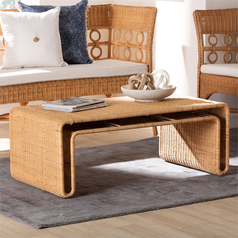 Pemberly Row Light Honey Rattan Openwork Coffee Table with Woven Exterior