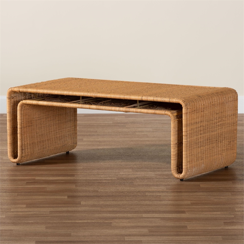 Pemberly Row Light Honey Rattan Openwork Coffee Table with Woven Exterior