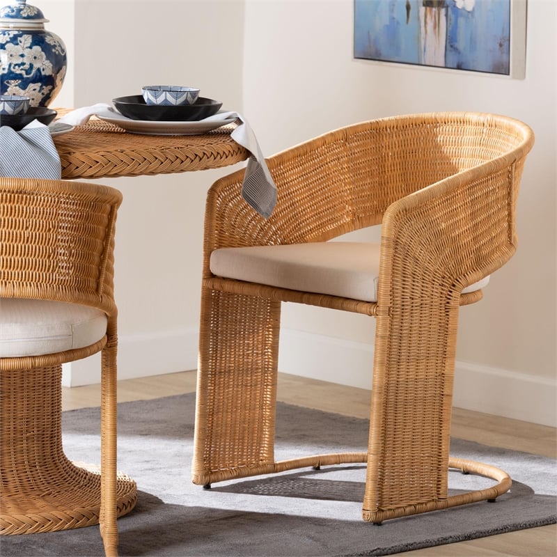 Pemberly Row Light Honey Rattan Dining Chair with U-Shaped Base