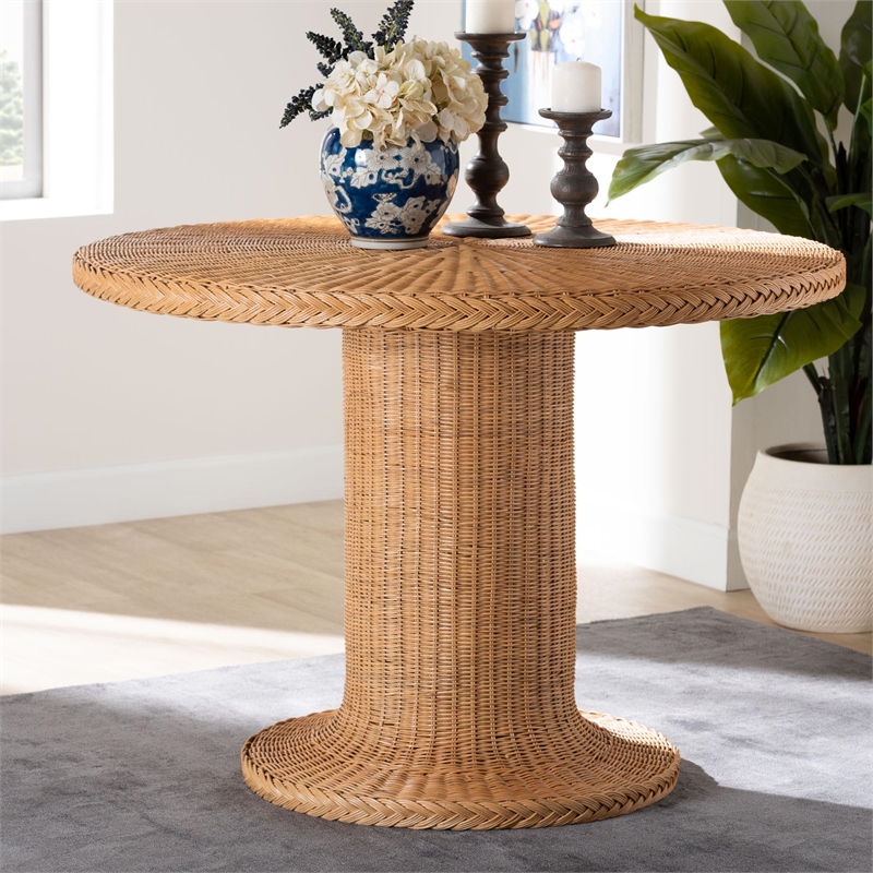 Pemberly Row Braided Light Honey Rattan Pedestal Round Dining Table