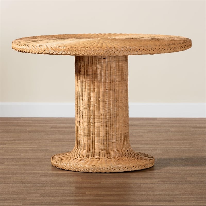 Pemberly Row Braided Light Honey Rattan Pedestal Round Dining Table