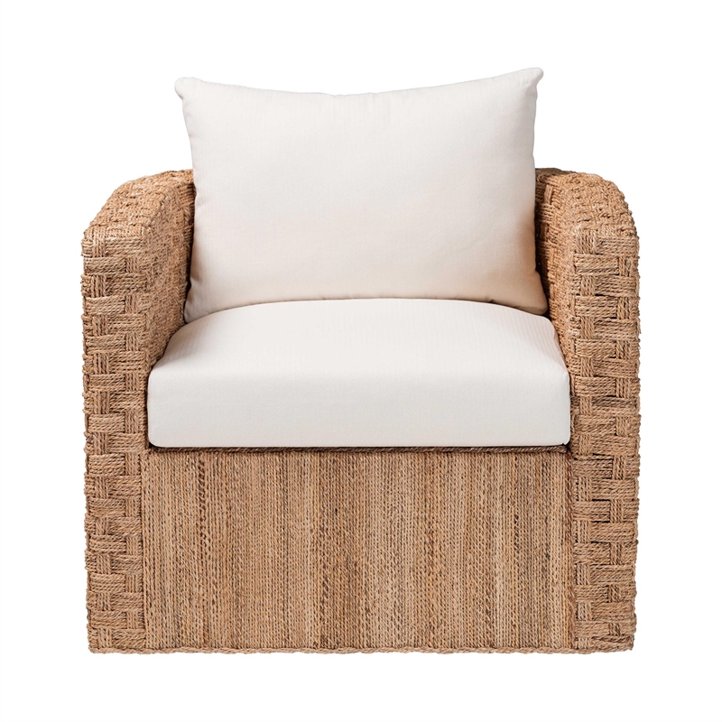 Pemberly Row Light Brown Seagrass Tuxedo Arm Chair with Cushions