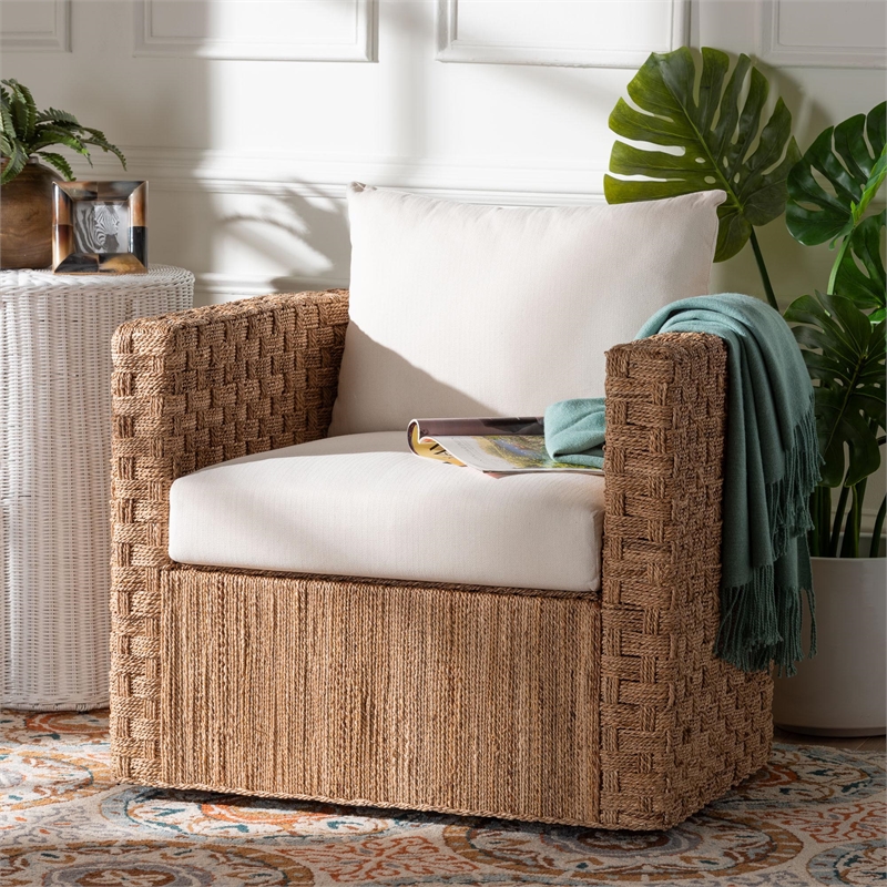 Pemberly Row Light Brown Seagrass Tuxedo Arm Chair with Cushions