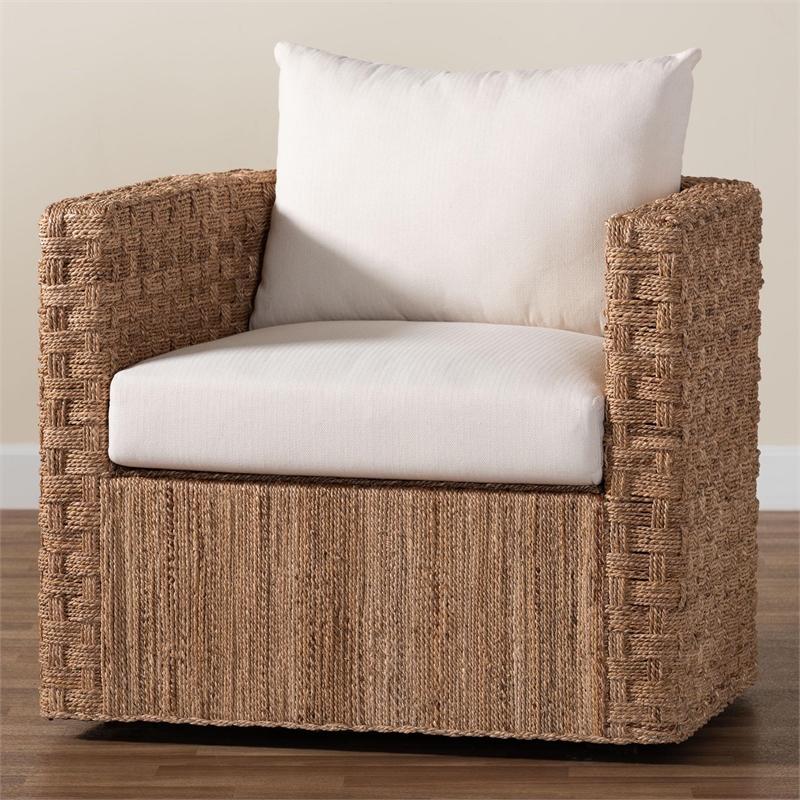 Pemberly Row Light Brown Seagrass Tuxedo Arm Chair with Cushions