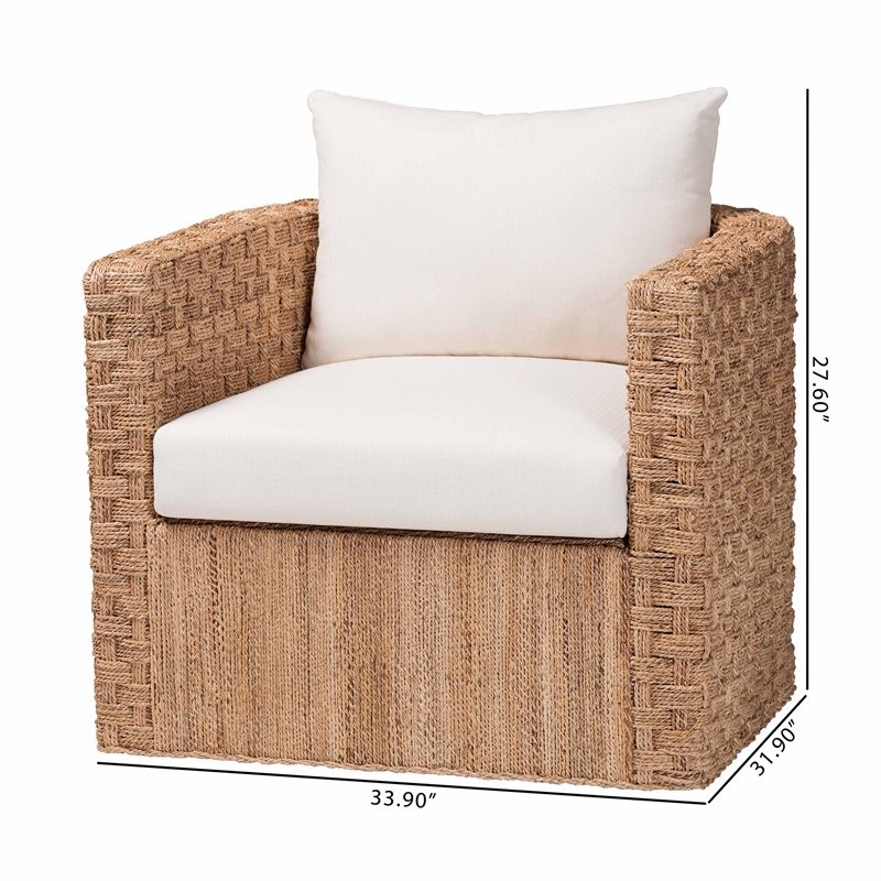 Pemberly Row Light Brown Seagrass Tuxedo Arm Chair with Cushions