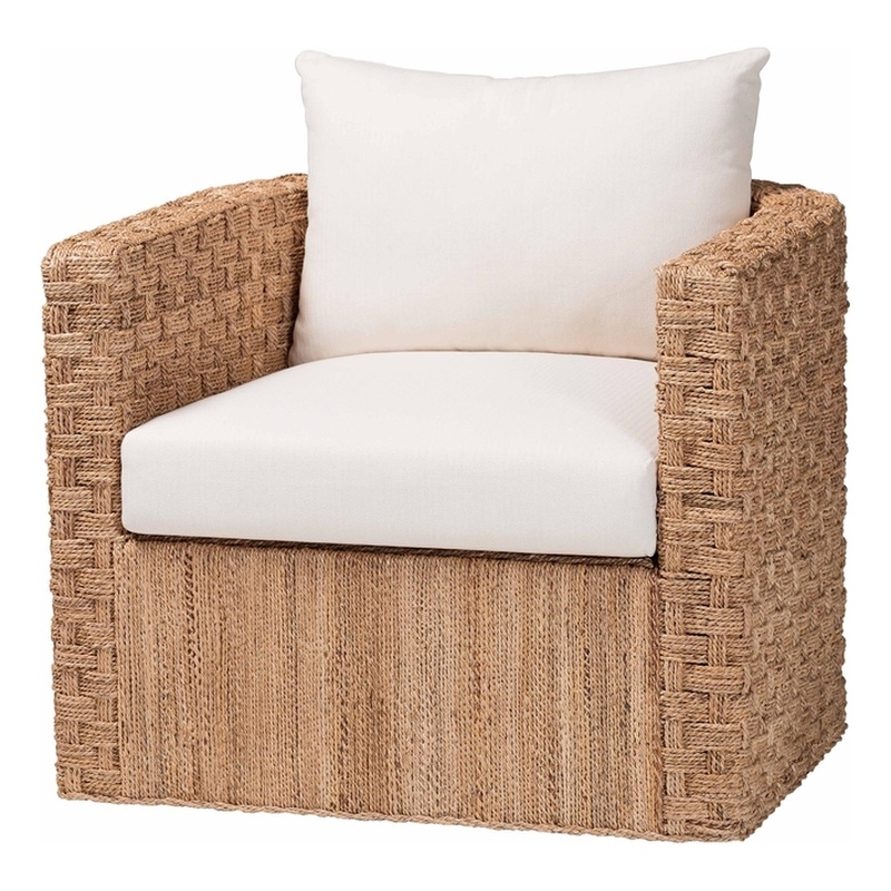 Pemberly Row Light Brown Seagrass Tuxedo Arm Chair with Cushions
