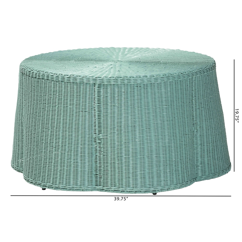 Pemberly Row Seafoam Green Scalloped Rattan Round Coffee Table