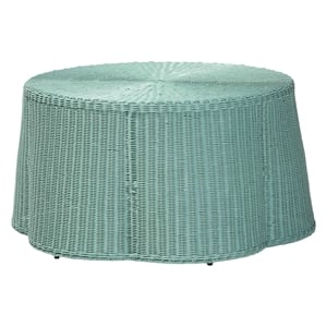 Pemberly Row Seafoam Green Scalloped Rattan Round Coffee Table