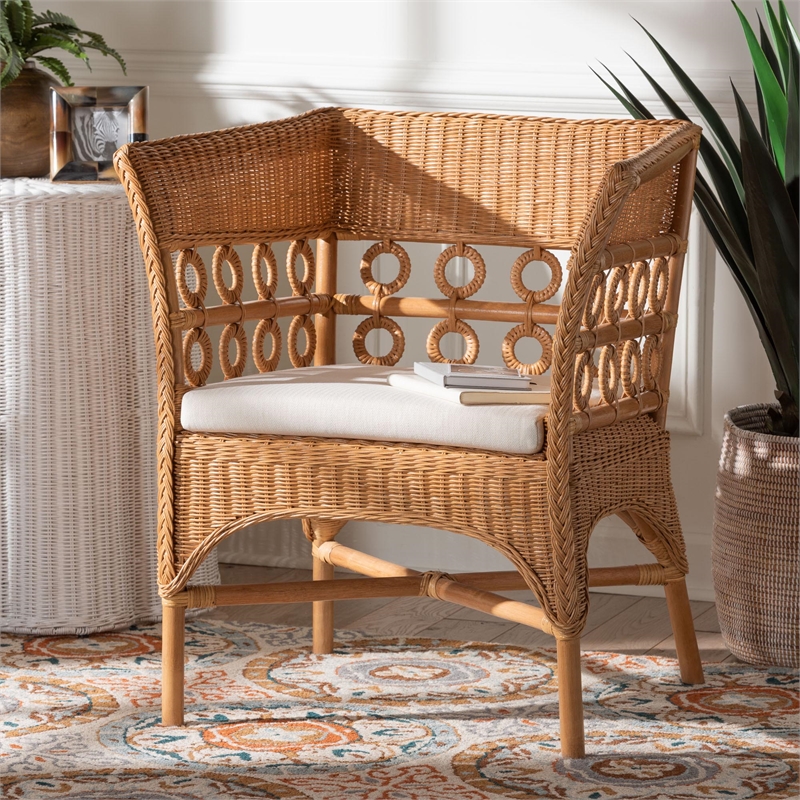 Pemberly Row Light Honey Rattan Arm Chair with Braided Detailing