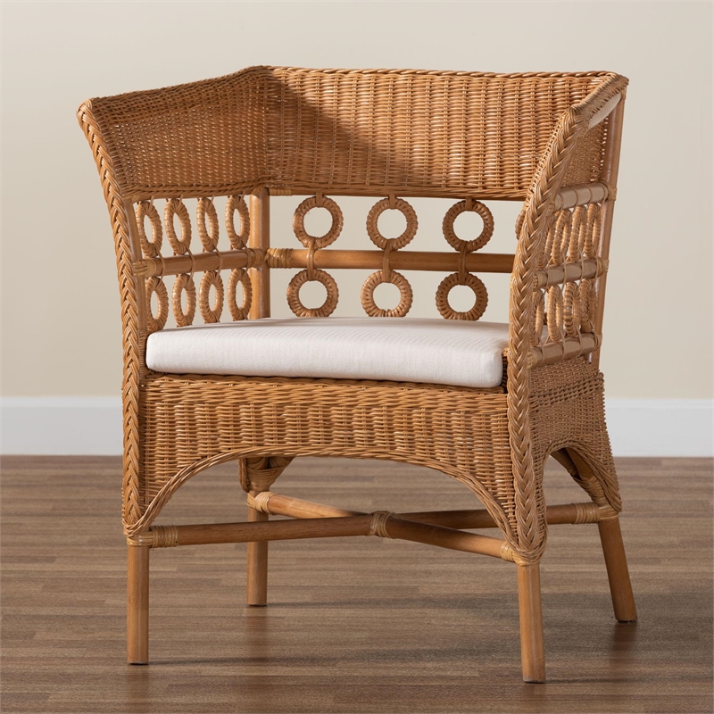 Pemberly Row Light Honey Rattan Arm Chair with Braided Detailing