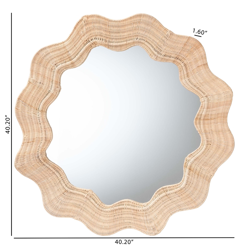 Pemberly Row Scalloped Natural Rattan Round Accent Wall Mirror