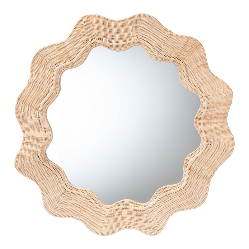 Pemberly Row Scalloped Natural Rattan Round Accent Wall Mirror