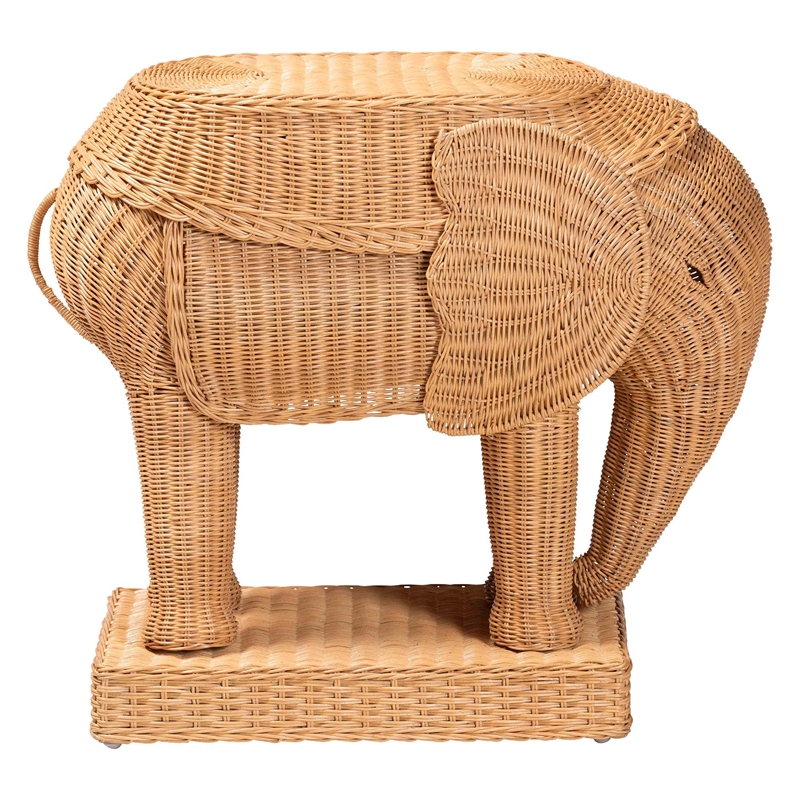 Pemberly Row Light Honey Rattan Elephant Sculpture End Table