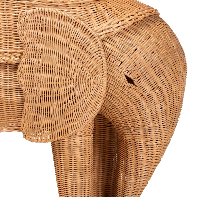 Pemberly Row Light Honey Rattan Elephant Sculpture End Table
