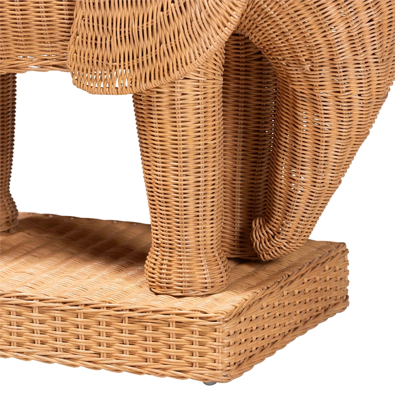 Pemberly Row Light Honey Rattan Elephant Sculpture End Table