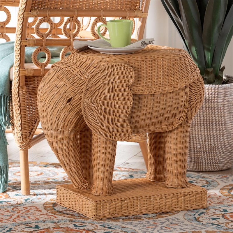 Pemberly Row Light Honey Rattan Elephant Sculpture End Table