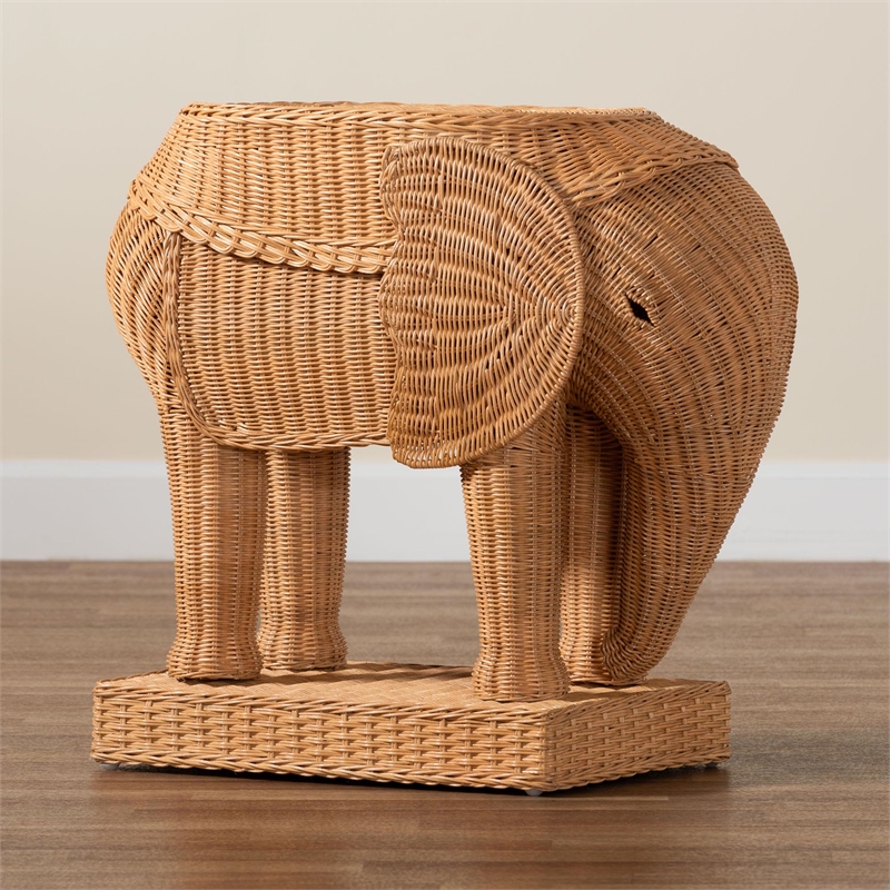 Pemberly Row Light Honey Rattan Elephant Sculpture End Table