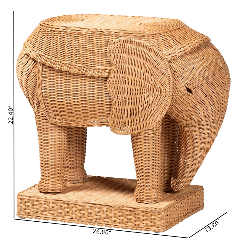Pemberly Row Light Honey Rattan Elephant Sculpture End Table