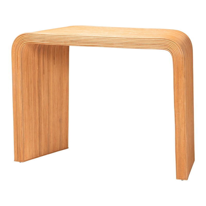 Pemberly Row Light Honey Fluted Rattan Reversible Waterfall Console Table