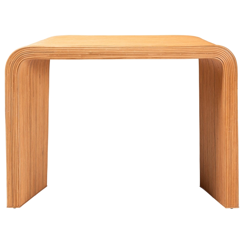 Pemberly Row Light Honey Fluted Rattan Reversible Waterfall Console Table