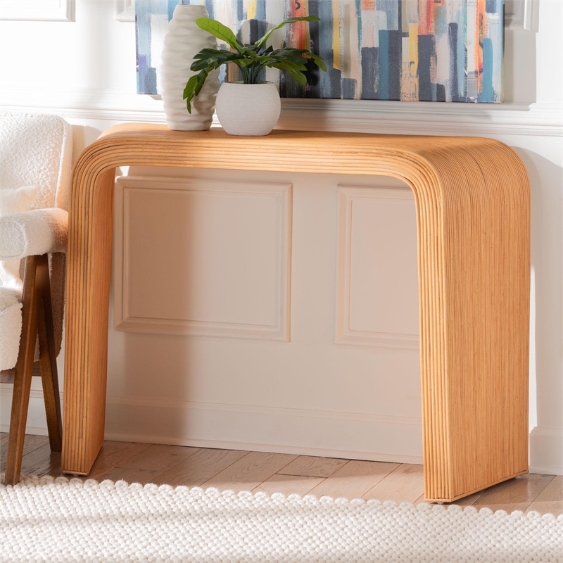 Pemberly Row Light Honey Fluted Rattan Reversible Waterfall Console Table