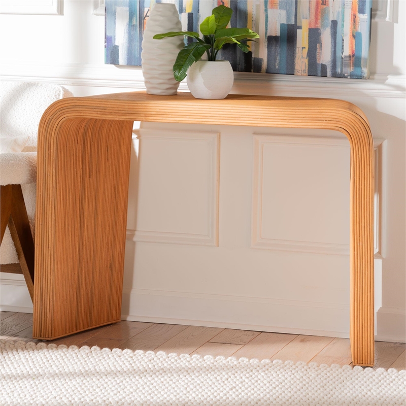 Pemberly Row Light Honey Fluted Rattan Reversible Waterfall Console Table