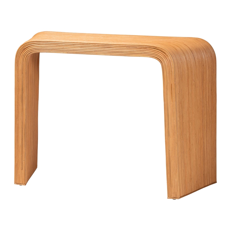 Pemberly Row Light Honey Fluted Rattan Reversible Waterfall Console Table