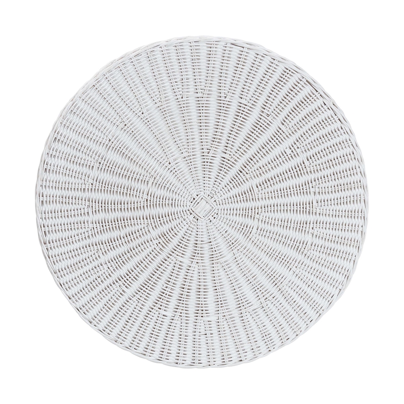 Pemberly Row Contemporary White Scalloped Rattan Round End Table