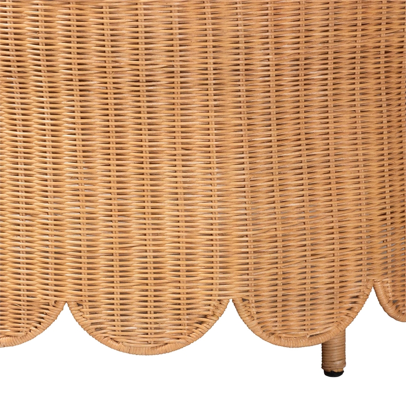 Pemberly Row Light Honey Scalloped Rattan Round Ottoman with Cushion