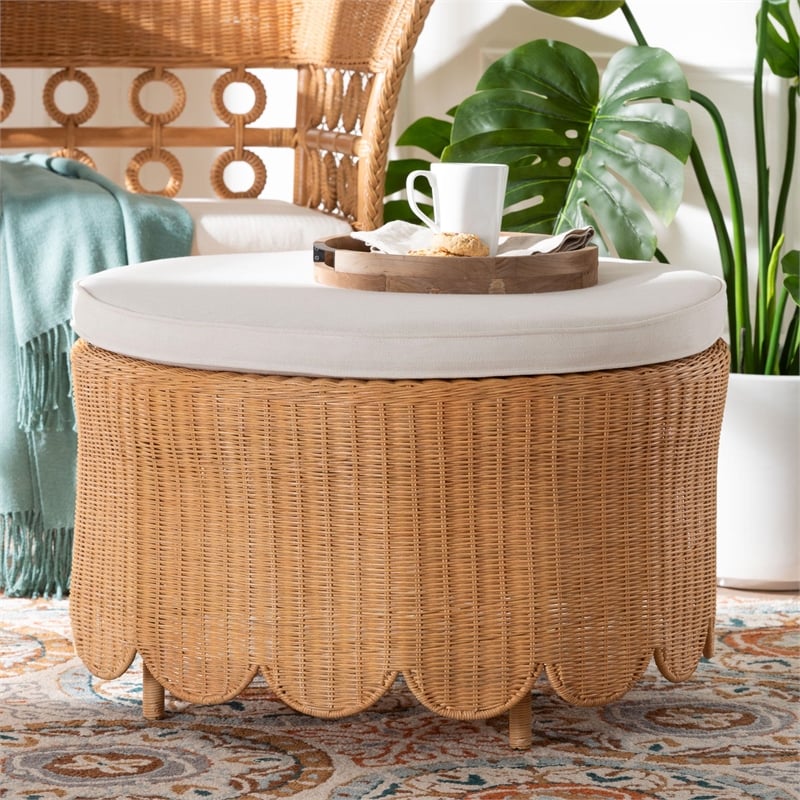 Pemberly Row Light Honey Scalloped Rattan Round Ottoman with Cushion