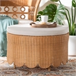 Pemberly Row Light Honey Scalloped Rattan Round Ottoman with Cushion