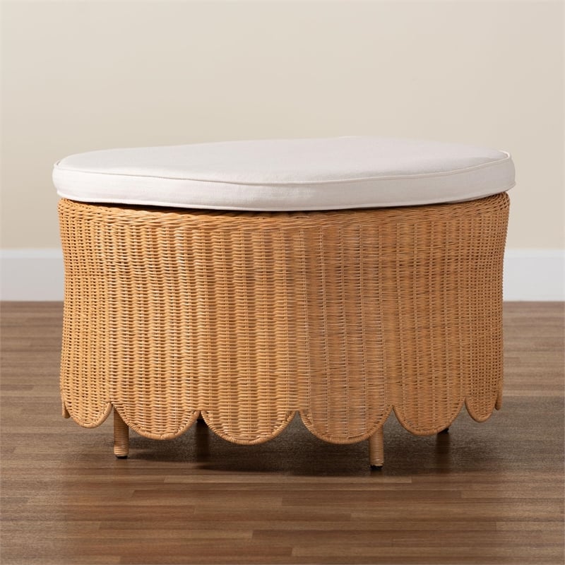 Pemberly Row Light Honey Scalloped Rattan Round Ottoman with Cushion
