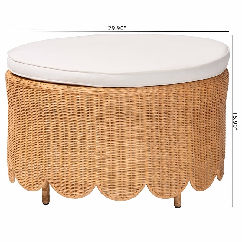 Pemberly Row Light Honey Scalloped Rattan Round Ottoman with Cushion