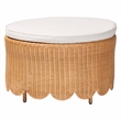 Pemberly Row Light Honey Scalloped Rattan Round Ottoman with Cushion