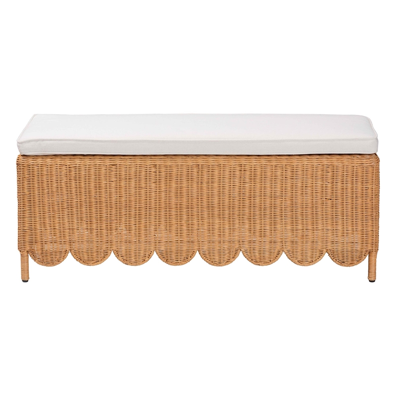 Pemberly Row Light Honey Scalloped Rattan Ottoman Bench with Cushion